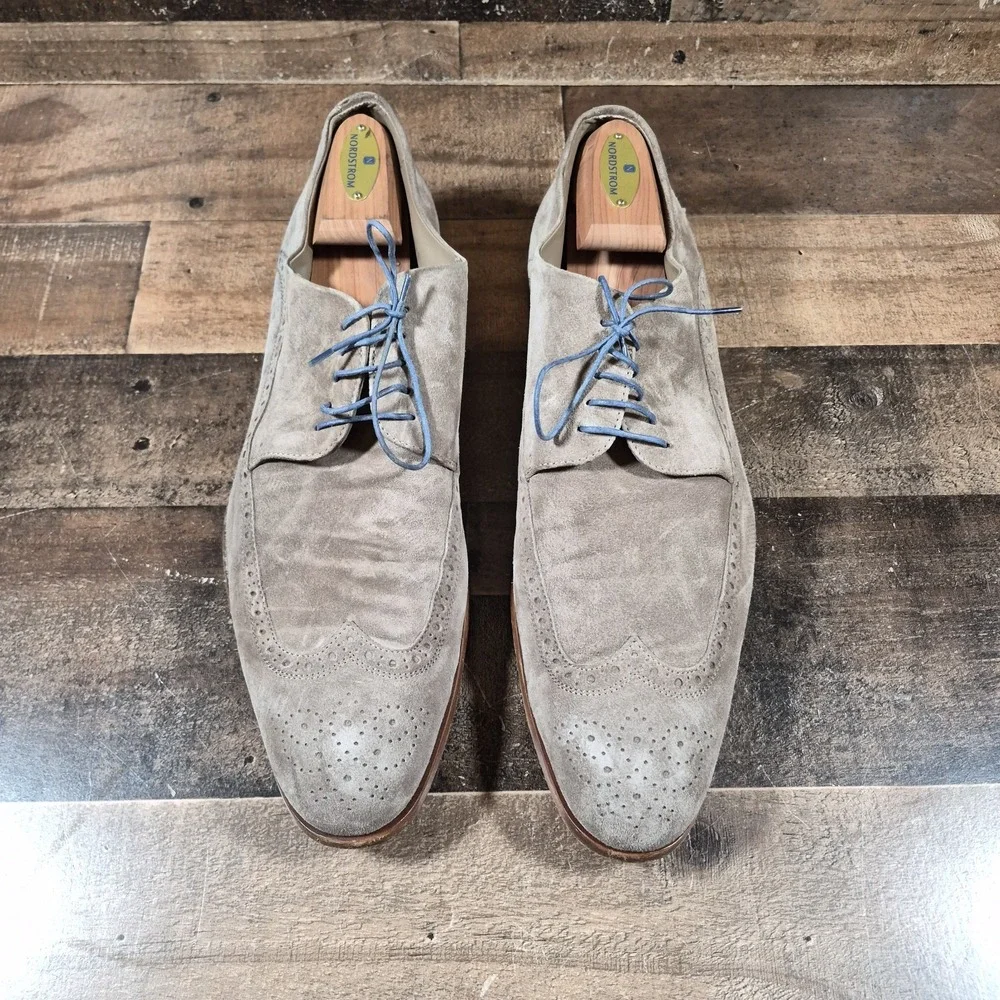Hugo Boss Oxford Dress Shoes Men 12 Brown Suede Wingtip Made in Italy Blue Laces